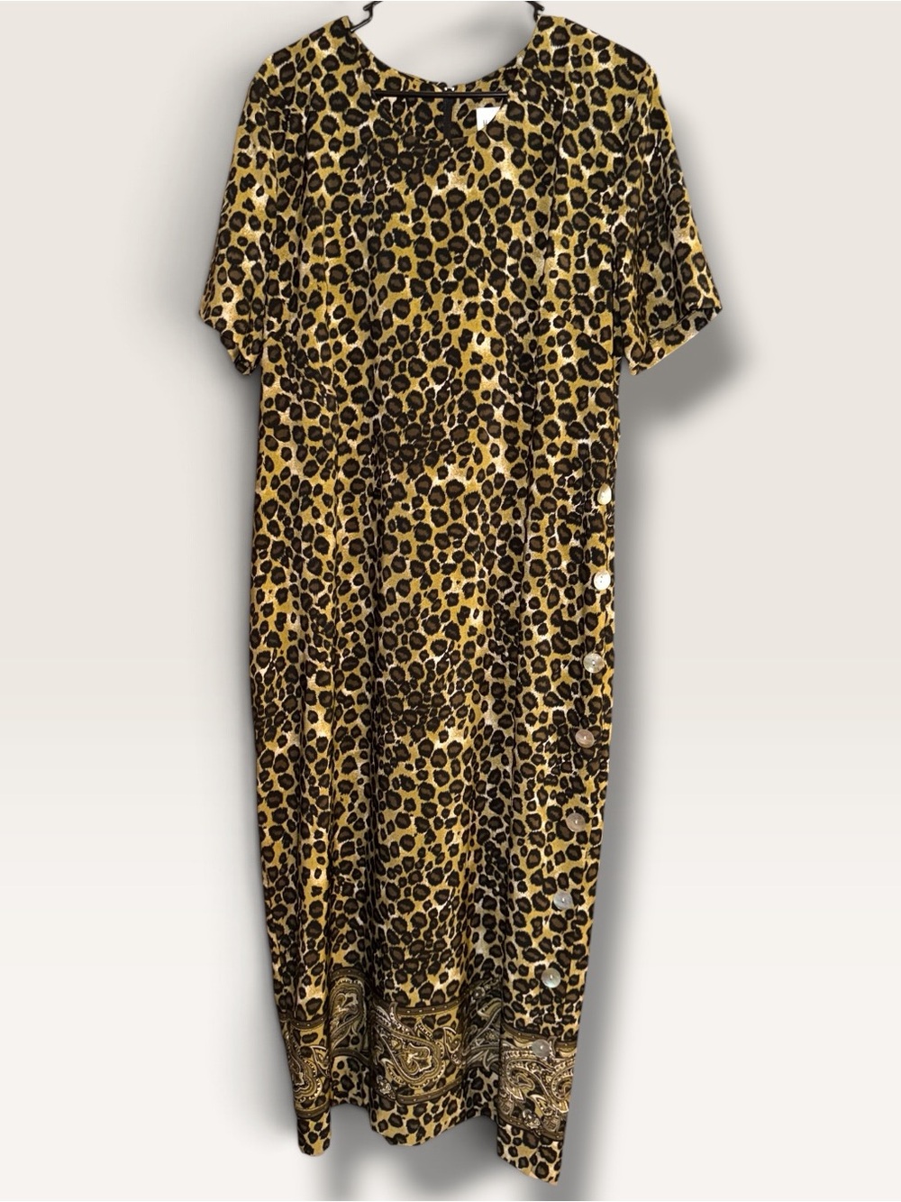 NWOT:VTG 90’s Miss Dorby Leopard Print Short Sleeve Maxi Dress in Gold